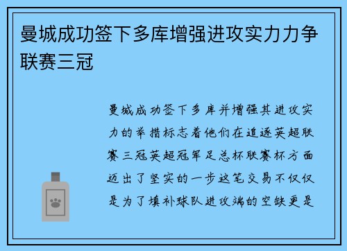 曼城成功签下多库增强进攻实力力争联赛三冠